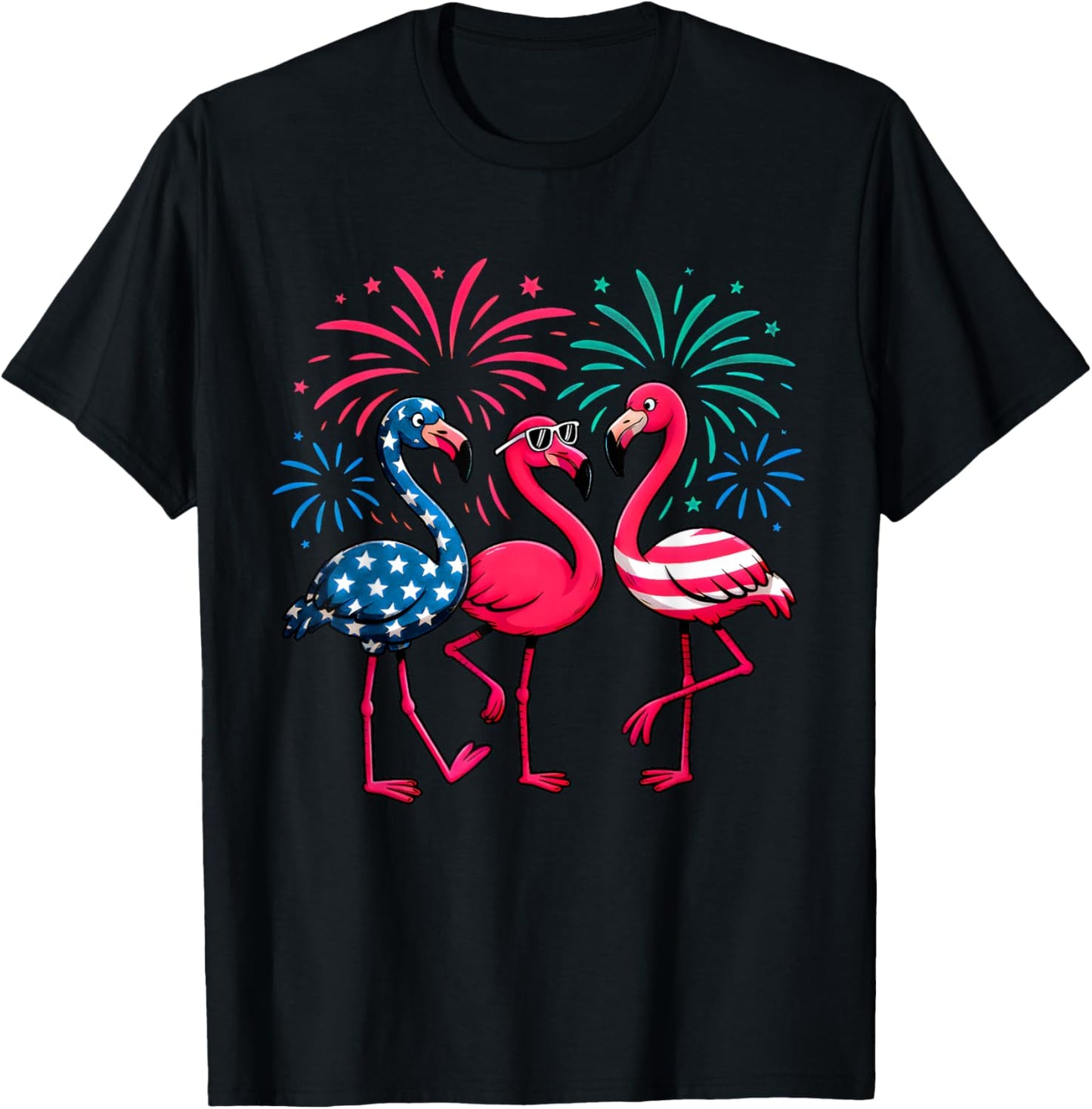 Flamingos And Fireworks Red White Blue 4th Of July American T-Shirt