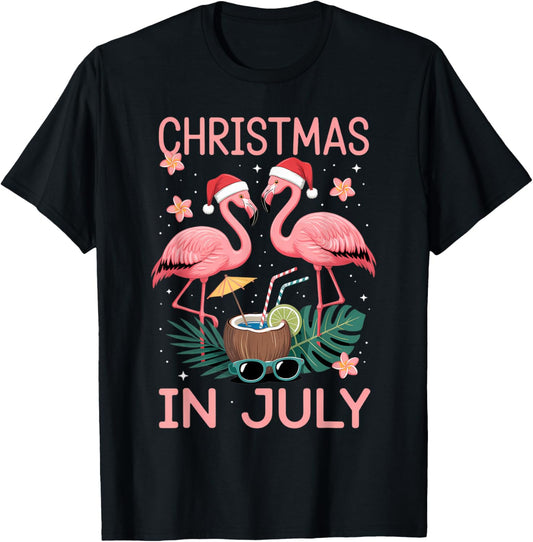 Christmas In July Pink Flamingo With Santa Hat T-Shirt