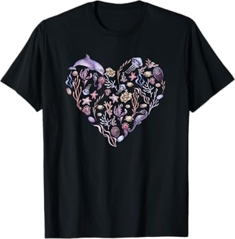Under The Sea Life, Heart Design Ocean Animals, Plants Art T-Shirt
