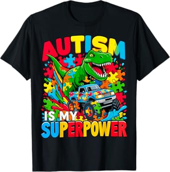 Autism Is My Superpower Dino Boys Monster Truck T-Shirt