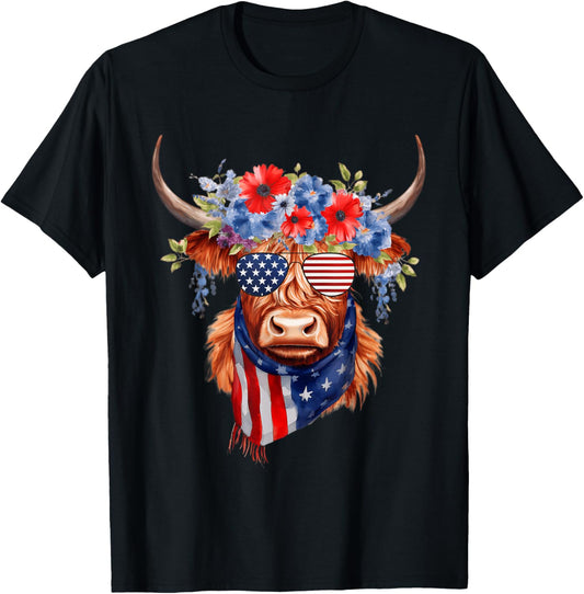 4th Of July Highland Cow Heifer American Sunglasses Bandana T-Shirt
