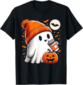 Halloween Shirts For Women Ghost Drinking Coffee Halloween T-Shirt