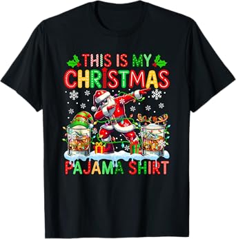 My Xmas Pajama Shirt Santa Dabbing Reindeer Bourbon Glasses T-Shirt