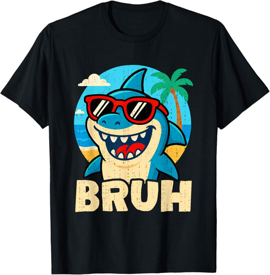 Funny Bruh Shark With Sunglasses Meme Teenager Kids Boys T-Shirt