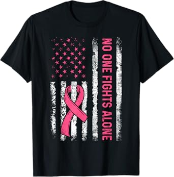 No One Fights Breast Cancer Alone American Flag Pink Ribbon T-Shirt