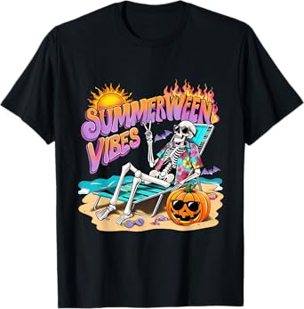 Summerween Vibes Skeleton Pumpkin Spooky Vacation T-Shirt