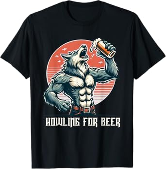 Mens Wolf Drinking Beer Wolf Howling for Beer Lovers Funny T-Shirt