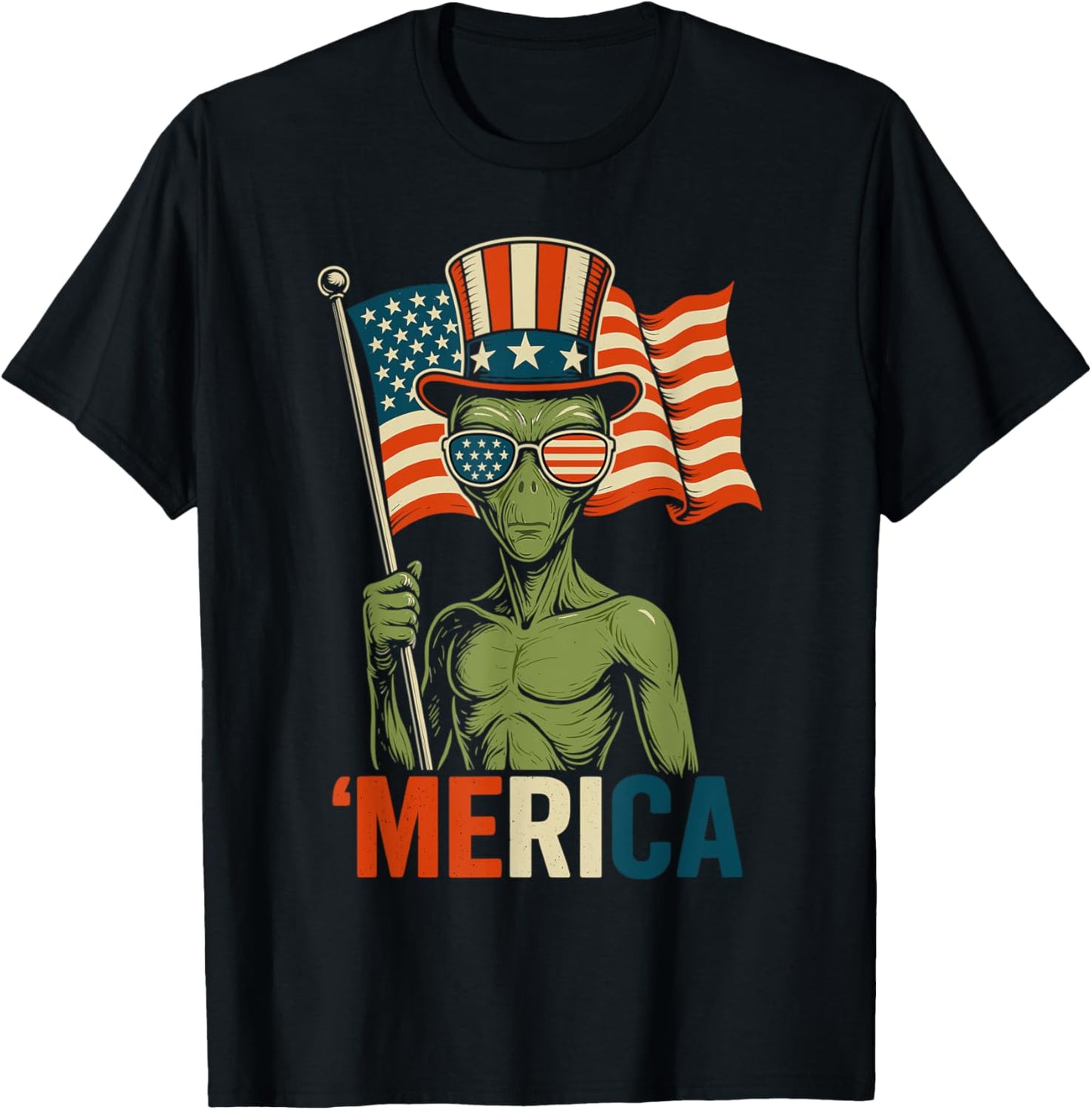 Alien Merica American Flag Patriotic 4th Of July UFO T-Shirt
