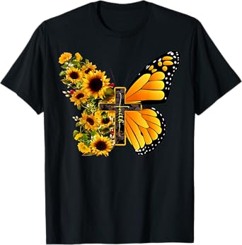 Faith Cross Sunflower Butterfly Christian Vintage T-Shirt