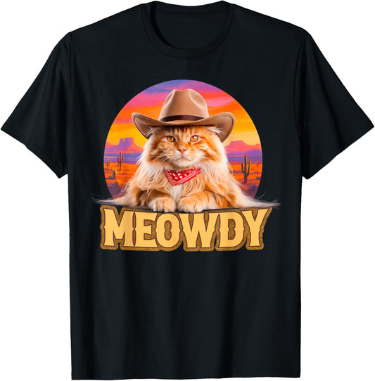 Meowdy Graphic Funny Sunny Western Country Cowboy Fluffy Cat T-Shirt