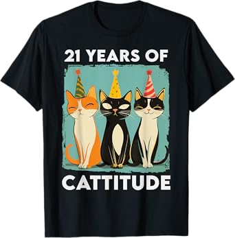 21 Years Of Cattitude 21st Birthday Cat Lover 21 Years Old Men Women Kids T-Shirt