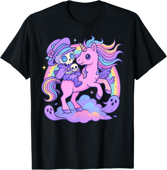 Pastel Goth Skeleton Rider & Unicorn - Kawaii Gothic T-Shirt