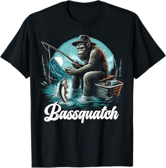 Bassquatch! Funny Bass Fishing Sasquatch Retro 80s Fisherman T-Shirt