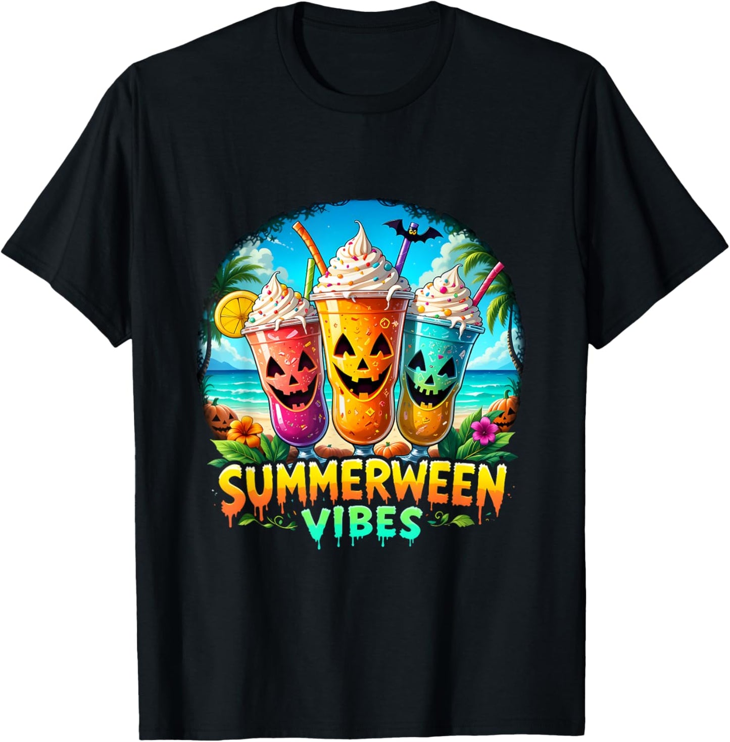 Jack-o-lantern Summerween Vibes Skeleton Summer Watermelon T-shirt