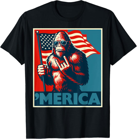 Bigfoot Merica Rock Patriotic 4th Of July American Flag T-Shirt