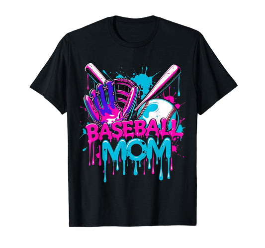 Cool Baseball Mom Neon Drip Sports Fan T-Shirt