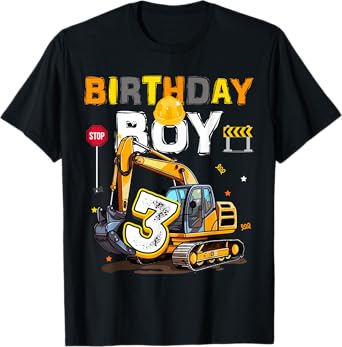 3rd Birthday Boy 3 Years Old Excavator Three Decorations T-Shirt