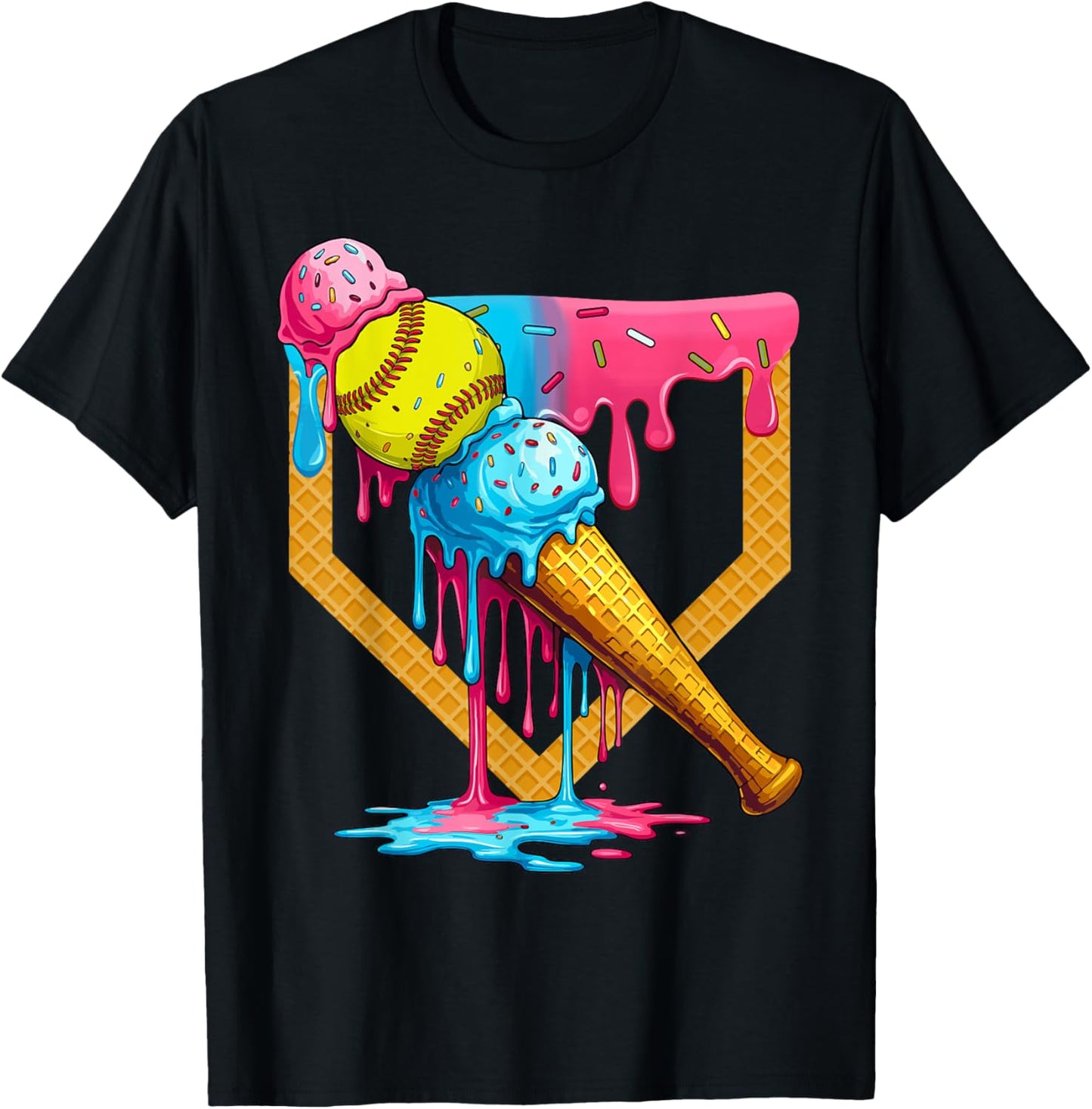 Cute Ice Cream Softball Home Plate Drip Game Day Softball T-Shirt