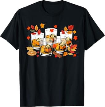 Whiskey Glasses Collection Thanksgiving Fall Leaves Drinker T-Shirt