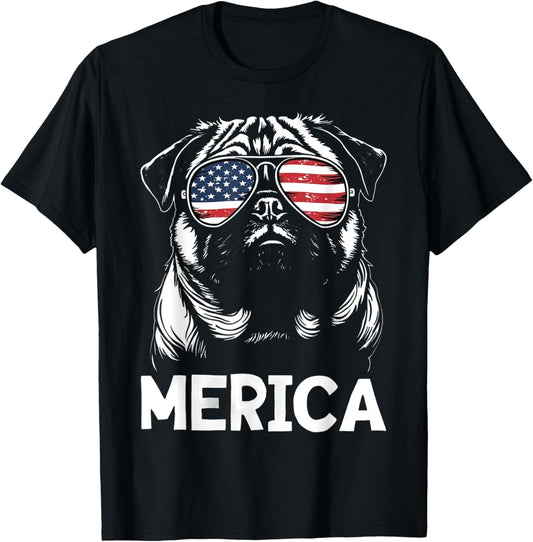 American Flag Usa Merica Pug Dog 4th Of July Kids Women Men T-shirt