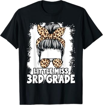 Hello 3rd Grade Messy Hair Bun Girl Leopard Back To School T-Shirt