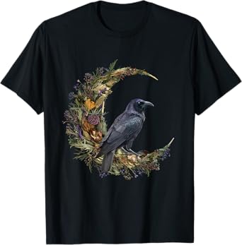 Cottage-Core Halloween Crow Design Witchy Floral Moon Raven T-Shirt
