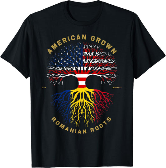 American Grown With Romanian Roots Tree USA Flag Gift T-Shirt