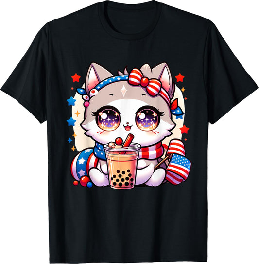 Cute 4th of July Cat Shirt Girls Kawaii Anime Boba Tea USA T-Shirt