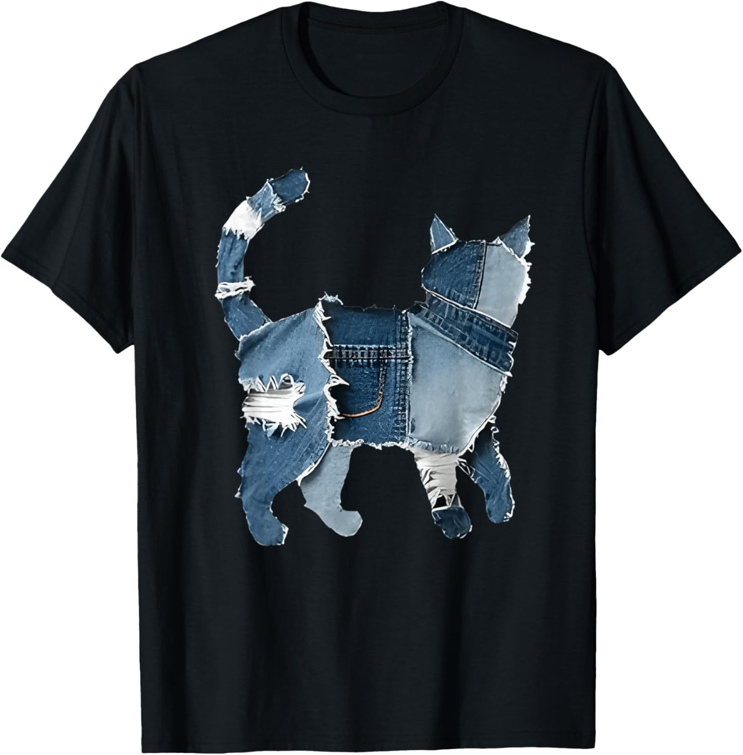 Retro Funny Denim Patch Animal Cat T-Shirt