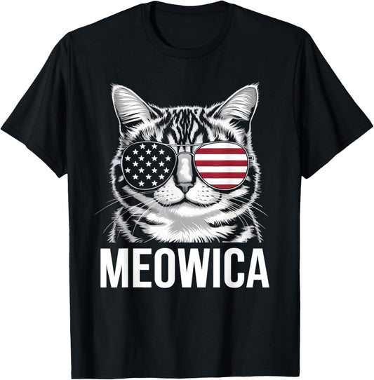 Meowica Cat Red White Blue USA American Flag 4th Of July T-Shirt