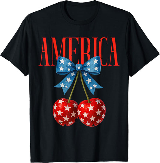 America Cherries US Flag Coquette Bow Cherry 4th Of July T-Shirt