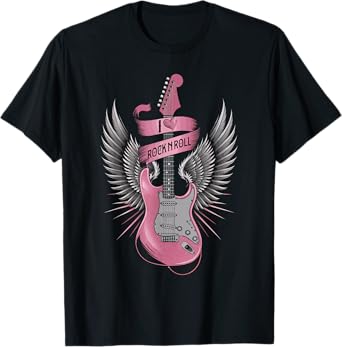 I Love Rock And Roll Pink Guitar Angel Wings Vintage T-Shirt