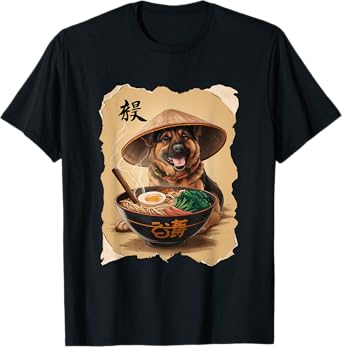 Men Woman Kawaii Eating Ramen Japanese German Shepherd T-Shirt