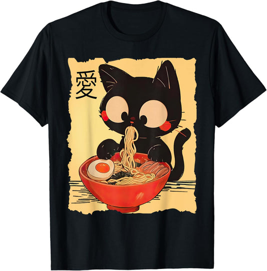 Funny Cat Ramen Graphic Tee Japanese Kawaii Anime Cat T-Shirt