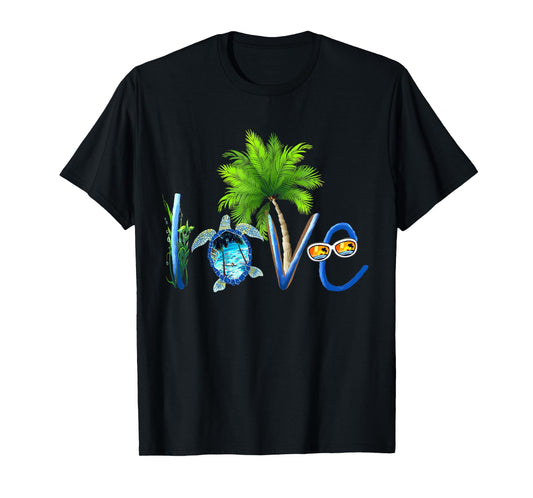 Tropical Beach Love Sea Turtle Palm Tree Summer Vacation T-Shirt