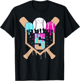 Baseball 5 Year Old Ice Cream Drip 5th Birthday Boy Number 5 T-Shirt