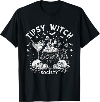 Tipsy Witch Society Funny Halloween Drinking Witch Cat T-Shirt