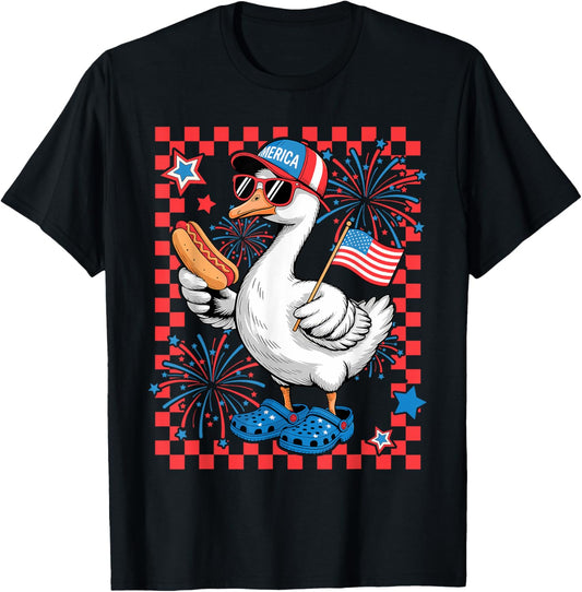 Cute Patriotic Goose Hotdog USA Flag Boys Kids 4th of July T-Shirt