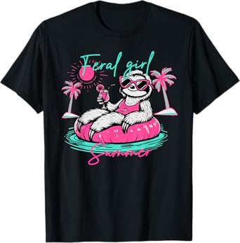Feral Girl Summer Funny Meme Sloth Hawaii Beach Vacation T-Shirt