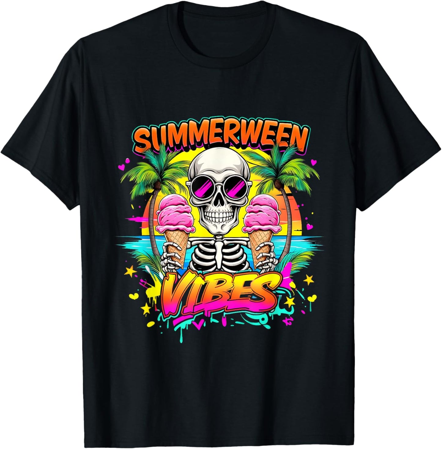 Funny Skeleton Summerween Vibes Floating Pool Ice Cream T-Shirt