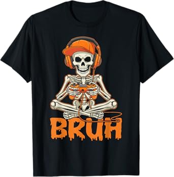 Bruh Halloween Boys Kids Gamer Mens Skeleton Video Gaming T-Shirt
