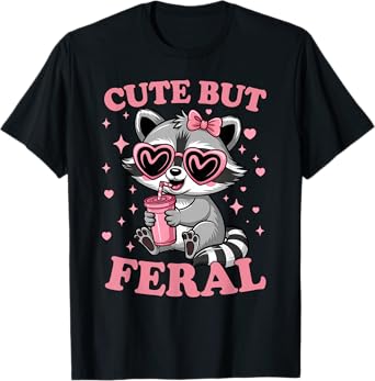Cute But Feral Funny Pink Racoon With Glasses Toddler Girls T-Shirt