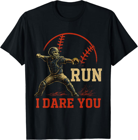 Run I Dare You Baseball Catcher Vintage Style Design Sports Tee by TeeBrew