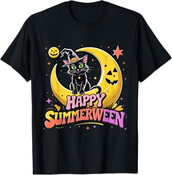 Happy Summerween Black Cat Halloween Beach Vibes T-Shirt