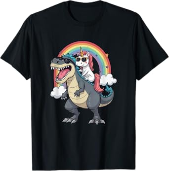 Unicorn Riding T-Rex Dinosaur Rainbow Boys Girls Men Women T-Shirt