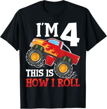 Four 4yr 4th Birthday Monster Truck Boy 4 Years Old T-Shirt