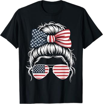 Fourth of July American Flag Messy Bun Sunglasses Patriotic T-Shirt