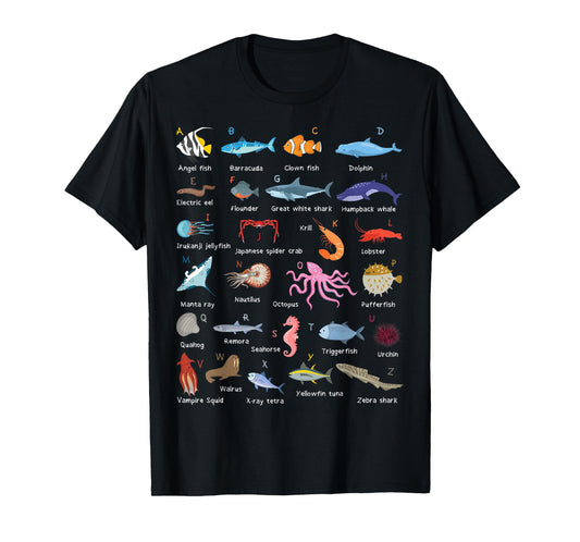 A-Z Ocean Life Exploration - Sea Creatures Alphabet T-Shirt