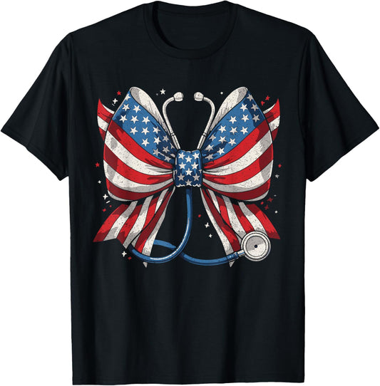 USA Flag Stethoscope Coquette Bow RN Nurse 4th of July T-Shirt
