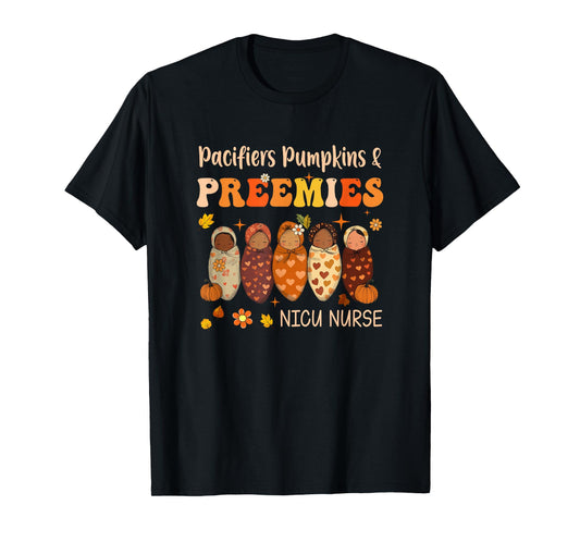 Retro Pacifiers Pumpkins Preemies Fall Nicu Nurse Halloween T-Shirt